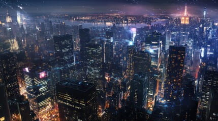 Nighttime Aerial View of NYC Skyline