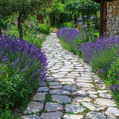 Obraz premium Stone pathway winding through landscaped garden with blooming lavender and green trees under clear sky. Generative by AI.