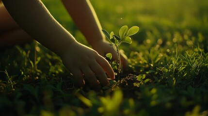 Fototapeta premium Child planting sapling in green field under morning light