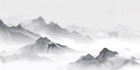 Monochromatic Mountain Range with Rolling Fog in Grayscale Panorama of Serene Landscape with Traditional Asian Ink Wash Style