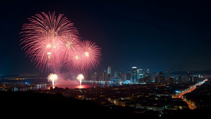 Dazzling Fireworks Over Urban Skylines: Mesmerizing Nighttime Celebrations with Brilliant Bursts and Intricate Light Displays - Stunning Photo Stock Concept