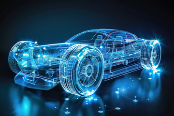 Fototapeta premium Power source for charging battery of beautiful hybrid electric car on road, abstract vivid composition consists of fictional unreal fantastic vision on background
