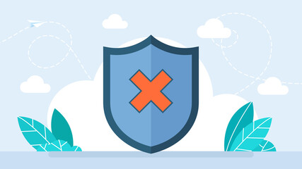 Shield with cross-mark. Shield and rejected. Notice of refusal. Protected shield concept. Checkmark and X design symbols. Flat illustration