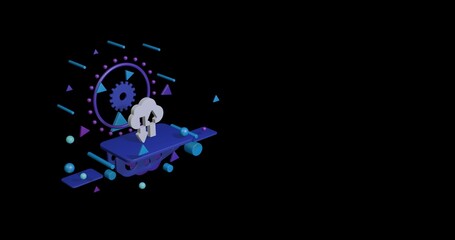 White cloud technology symbol on a pedestal of abstract geometric shapes floating in the air. Abstract concept art with flying shapes on the left. 3d illustration on black background