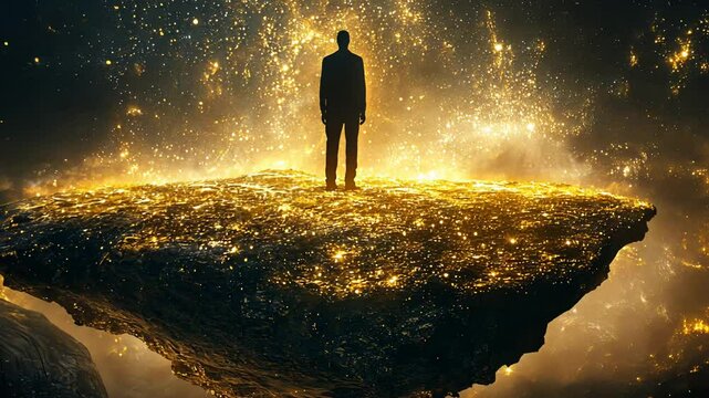 Silhouette of a Man on a Floating Island Amidst a Starry Galaxy. Dark figure standing on land in space. Spiritual journey, philosophy abstract video footage.