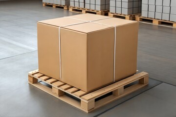 Large Cardboard Box Secured on a Wooden Pallet in a Warehouse