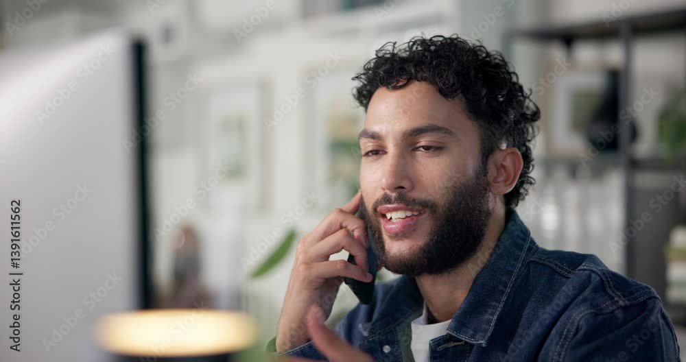 Poster phone call, talking and man in office for explaining creative project to client at night. cellphone,