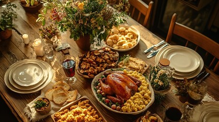 Naklejka premium A rustic wooden table with a delicious Thanksgiving spread, featuring turkey, sides, and gravy