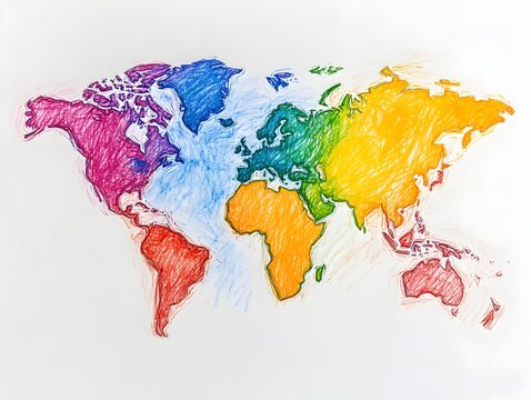 Fototapeta A colorful hand-drawn world map illustration depicts continents in vibrant crayon strokes on white background.