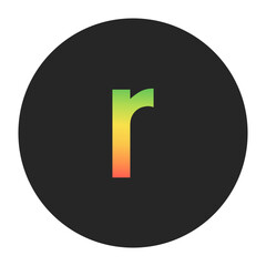 Stylish r Lowercase letter in gradient hues of green to red inside a solid black circle. Great for modern branding, tech logos, and digital art themes.