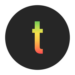 Stylish T Lowercase letter in gradient hues of green to red inside a solid black circle. Great for modern branding, tech logos, and digital art themes.