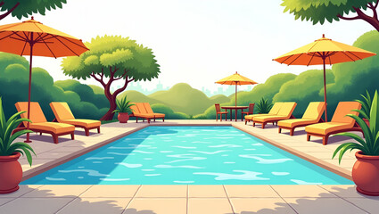 Experience a vibrant backyard pool party with luxury inflatables, chic seating, and lively summer activities in this stylish vector illustration.