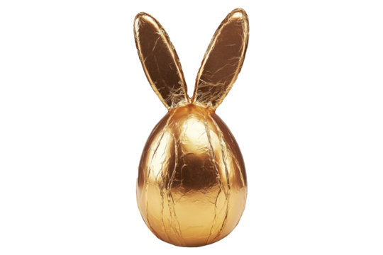 Golden foil wrapped Easter chocolate shaped like a bunny with ears, isolated on white transparent background. Festive holiday candy concept