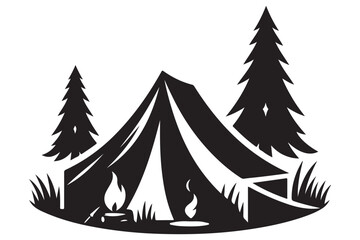 Silhouette Camping Tent with Campfire Vector Illustration for Adventure