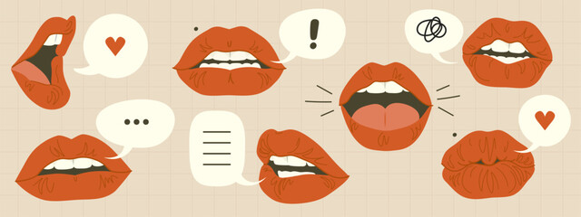 Set of hand drawn mouths and lips with speech bubbles isolated on background. Conversation design elements in retro colors. Paper cut shapes, pop art style. Vector illustration