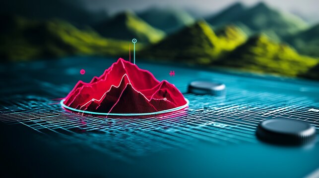 Digital landscape visualization depicting a 3D mountain range on a circuit board background