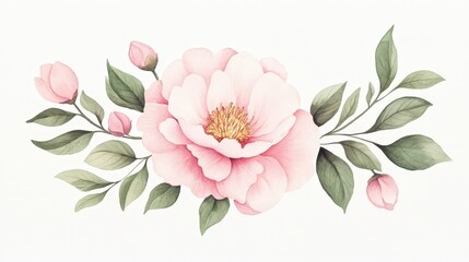 Watercolor pink flower with leaves