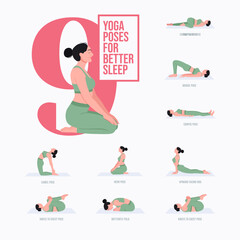 Obraz premium Yoga poses For Better Sleep. Young woman practicing Yoga pose. Woman workout fitness, aerobic and exercises. Vector Illustration. 