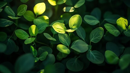 Sunlight Filtering Through Vibrant Green Leaves in a Lush Garden During Early Morning Hours