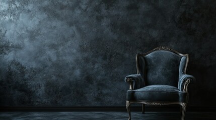 Illuminated vintage armchair against a textured black wall, creating a moody and dramatic interior atmosphere.