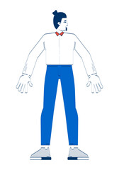 Business casual caucasian man standing with open arms 2D doodle character. Office worker with top knot in readiness cartoon person vector drawing isolated on white. Hand drawn illustration colorful