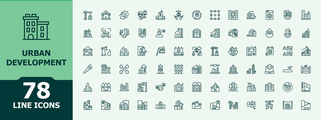 Set of Urban Development line icon. Featuring construction, downtown, estate, urban, architecture, cityscape, residential and more. Collection for mobile and web apps. Minimalist city icon. © icogrid