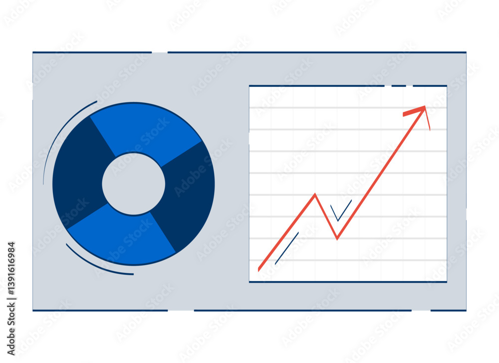 Poster business analytics dashboard with chart and graph 2d doodle object. data analysis. piechart, upward 