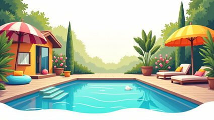 Vibrant Backyard Pool Party: Luxury Inflatable Decor & Sophisticated Seating for Summer Celebrations - Cute Vector Illustration for Smart Business Marketing