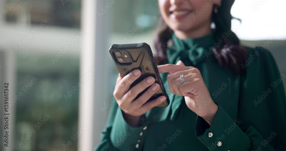 Poster contact, hands and phone with business woman closeup in office for alert, communication or notificat