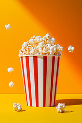 Popcorn Delight: A classic cinema treat, bursting from a striped paper cup against a vibrant yellow backdrop, a visual feast of a movie-night snack.