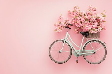 Vintage Bicycle with Pink Flowers in Basket on Light Pink Background