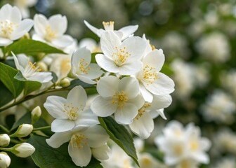 Fototapeta premium Close-up: White jasmine's textured surface; a miniature world in tilt-shift photography.