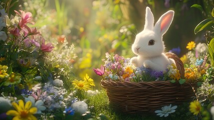 A white bunny peeking out from a basket filled with flowers, in a serene spring garden setting pic