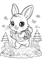 Kawaii Cartoon Rabbit Exploring A Miniature Forest Scene