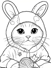 Cat In Bunny Hood Onesie With Playful Accessories Coloring Page