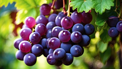 Fototapeta premium purple and red grapes hanging from a leafy grapevine.