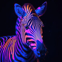 Zebra with glowing purple and orange stripes, vivid neon contrast, dark surreal environment, illuminated wild animal with strong pattern. Generative by AI