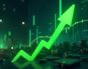 Abstract financial chart with uptrend line arrow, dark green background. AI