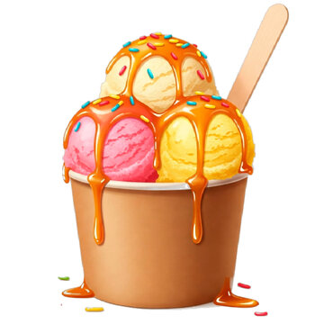 Delicious Triple Scoop Ice Cream Sundae in Kraft Paper Cup with Dripping Caramel Sauce, Colorful Sprinkles, and Wooden Spoon  Sweet Treat Still Life