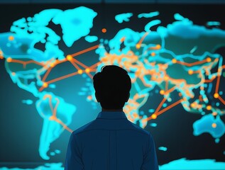 Rear view of person analyzing high-tech world map interface with glowing connections and nodes, symbolizing worldwide connectivity and digital transformation

