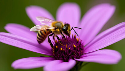 A bee perched on a vibrant purple flower, collecting nectar amidst the delicate petals, showcasing the intricate details of nature's pollinators in action.