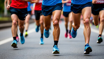 Naklejka premium Group of runners in a marathon, close-up of legs and shoes on pavement.