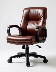 A brown leather office chair with black armrests and wheels, set against a white background, showcasing modern executive seating.