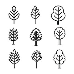 Set of minimalist tree and leaf icons in black line style. Perfect for eco, nature, botanical, forest, and environment-related projects and branding