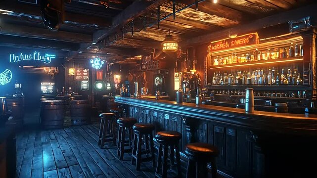 Cozy rustic bar interior with illuminated signs, wooden decor, and empty stools at night