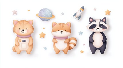Naklejka premium Raccoon and kitten space adventurers with planets rockets and stars, pastel cosmic animal sticker set on white background for kids artwork