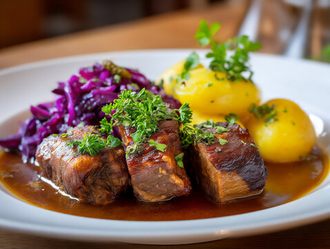  savory rouladen rolls, p: savory rouladen rolls braised in a rich gravy,