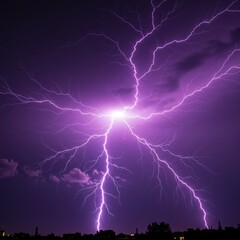 A dramatic purple lightning storm with bright flashes and dark clouds over a silhouetted skyline