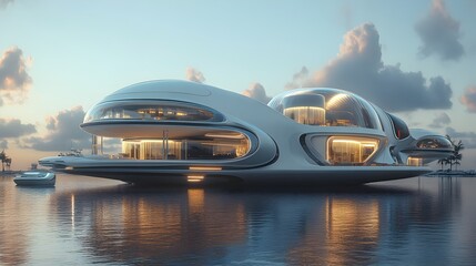 Obraz premium Futuristic luxury floating home design concept on calm ocean water at sunset with palm trees in background.
