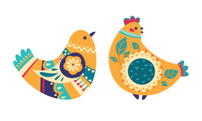 Various Birds with Folk Ornament and Decor Vector Set